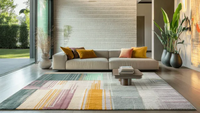 Tapis contemporain dans un salon parisien - restauration et nettoyage professionnel ITAO