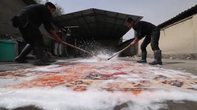 Nettoyage professionnel de tapis oriental avec brossage et mousse dans un atelier spécialisé