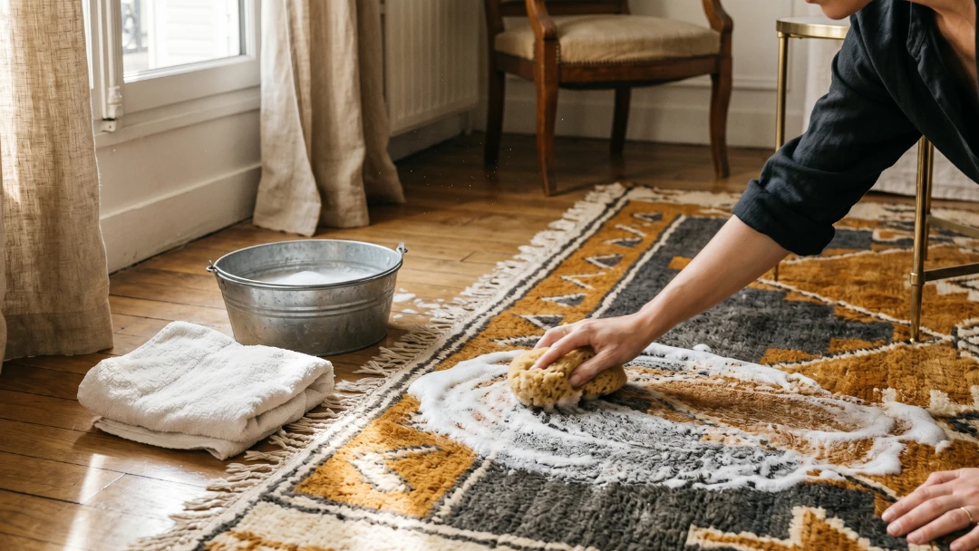 Nettoyage d’un tapis en laine à l’éponge naturelle et eau savonneuse sur parquet